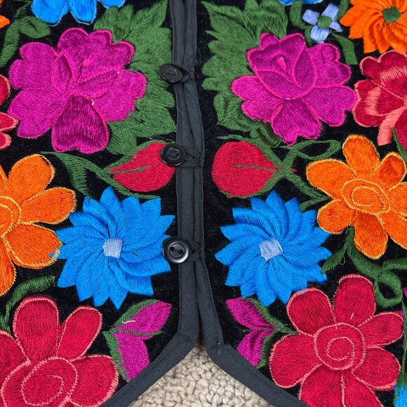 Vintage Floral Vest Womens XL Velvet Embroidered Guatemalan Vintage Bright 80s - Picture 3 of 7